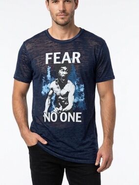 Bruce Lee Fear No One Blue Burnout Graphic Tee Shirt Large Martial Arts Long